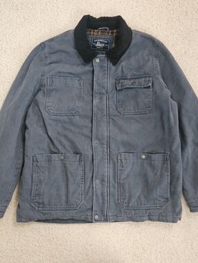 GH Bass Barn Chore Coat Jacket Men XL Flannel Lined Full Zip Blue Canvas Pockets